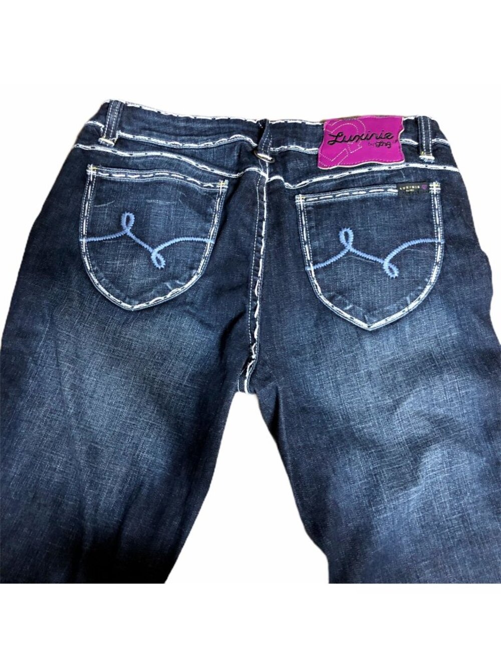 Luxirie Jeans Juniors 11 Womens Dark Blue Denim Stretch White Stitching Bootcut